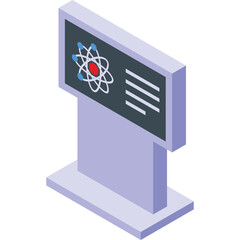 Digital Display Showing Atomic Structure With Text And Blue Red White Colors In A Science Museum Exhibit