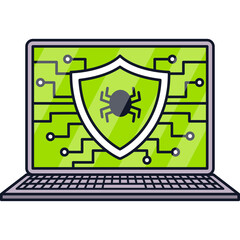 Obraz premium Digital Laptop Screen Displays Cyber Security Shield With Bug Icon Over Green Circuit Board Background Inside Modern Computer Device