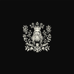 Fototapeta premium vector illustration of an ancient King or God figure with a crown and long beard, framed by a detailed, lush floral wreath, with a chalice resting below