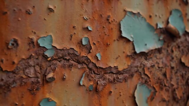 Cinematic close-up on a heavily rusted industrial metal surface showcasing intricate peeling paint and corrosion with a gentle camera slide raw, heavily rusted industrial metal surface, macro