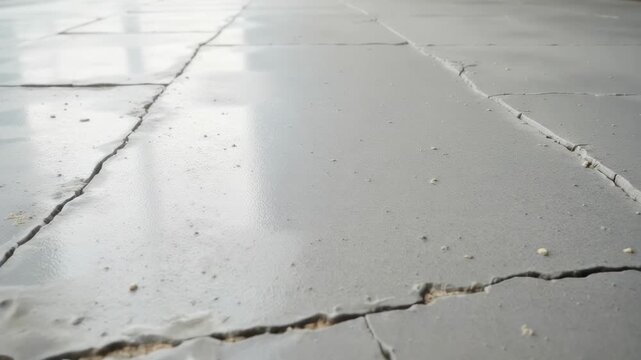 Gray floor tiles showing damage and cracks from subsidence or age, creating a graphic pattern of failure and decay in a video clip for background use