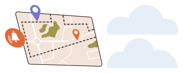 Digital map with markers for navigation, alert notification symbol, and abstract clouds. Ideal for travel, navigation, location-based services, technology, planning, alerts visualization simple flat