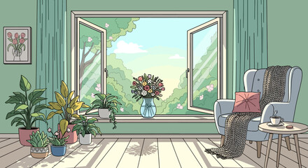 Vector illustration of cozy spring home interior open window with flowers, sunlight, plants, soft pastel hues, flat modern desig