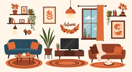 Autumn home decor vector collection cozy living room interior with fall colors, plants, warm lighting, hygge concept, modern flat styl