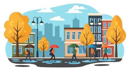 Vector flat design of rainy autumn street scene people holding umbrellas