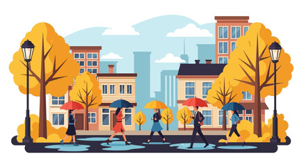 Vector flat design of rainy autumn street scene people holding umbrellas