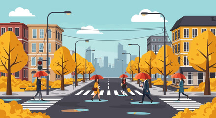 Vector flat design of rainy autumn street scene people holding umbrellas