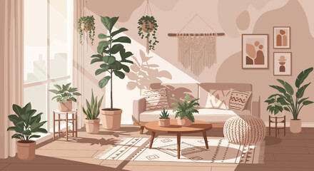 Vector boho interior with spring plants and sunlight cozy neutral tones, minimal flat design