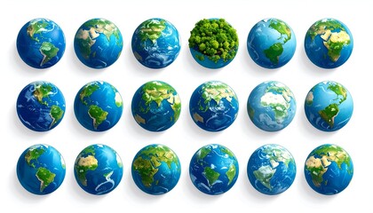 A grid of Earth globes, some with full landmasses, others replaced with green foliage