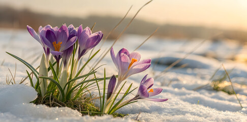 Purple crocus flwoer in spring or winter forest macro. Purple crocus in snow, sunlit.
