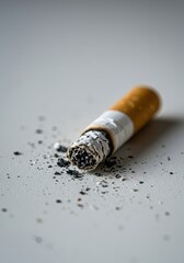 Obraz premium Detail shot of a crushed cigarette end and debris of fine gray ash, harshly contrasting against a pristine white tabletop ,danger ,fine ,paper