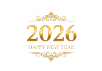 Elegant golden 2026 happy new year text with ornate frame isolated on transparent background
