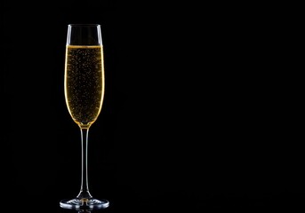 Luxurious golden champagne in a tall flute glass, isolated against a deep, dramatic black background, signifying celebration and sophistication ,anniversary ,fancy ,liquid