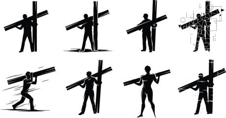 Silhouette illustration of people carrying cross, spiritual burden, abstract style, Christian symbolism, faith journey, struggle, sacrifice, digital art concept