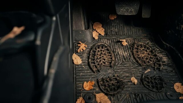 Tracking Mud Inside: Dirty Car Floor Mat with Leaves and Footprints