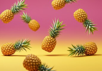 Fototapeta premium Seamless repeating tropical background pattern featuring bright yellow pineapples tumbling down against a vibrant backdrop ,food ,sweet ,modern