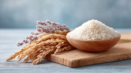 A wooden bowl filled with white uncooked rice grains rests on a textured cutting board beside dried rice stalks and a feathery