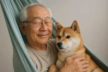 Smiling elderly man peacefully relaxing in hammock with shiba inu dog, serene home companionship, trust and happiness