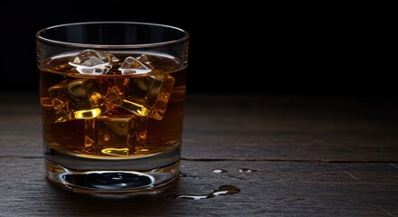 A close-up shot of an amber spirit beverage with melting ice cubes, resting on a dark, rustic wooden surface. The golden liquid looks refreshing ,alcoholic ,celebration ,melted