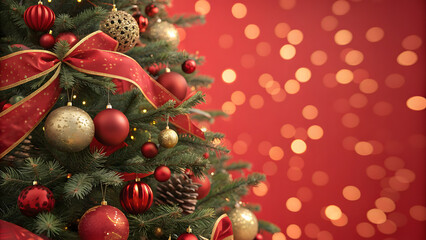 Red christmas lights background with fir tree. Christmas background, golden snowflakes and ornaments, soft warm bokeh, pine branches with red and gold decorations, elegant holiday celebration