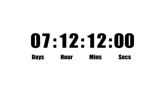 Countdown up and down 0 to secs, mins, hour and day count text animation.Digital countdown and elegant day, hour, minutes, seconds timer concept.