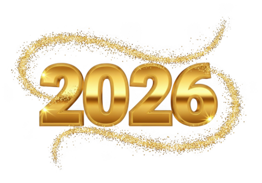 Golden 2026 numbers with sparkling festive light trails isolated on transparent background