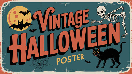 Obraz premium Spooky Vintage Halloween Poster with Bats, Black Cat, and Skeleton for Festive Autumn Celebrations and Retro Holiday Decor, Perfect for Seasonal Events