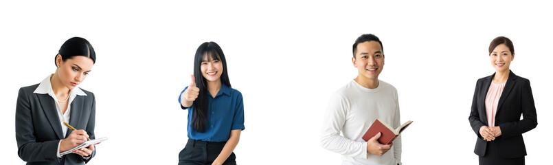 Four individuals in business attire standing against a white background.