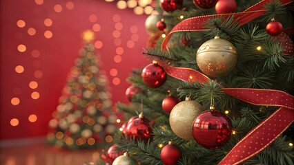 Red christmas lights background with fir tree. Christmas background, golden snowflakes and ornaments, soft warm bokeh, pine branches with red and gold decorations, elegant holiday celebration