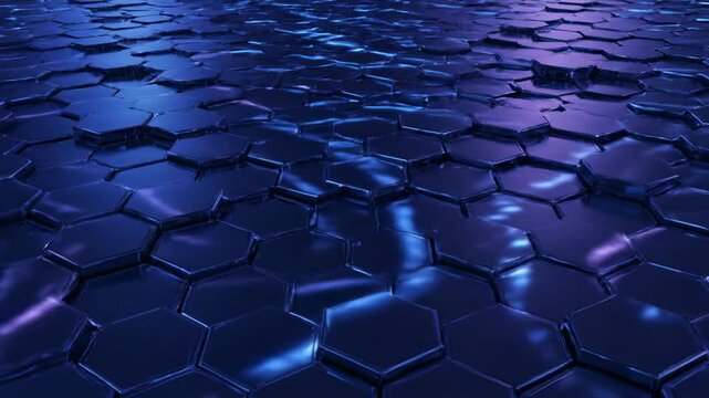 Dynamic geometric hexagonal grid shifting and glowing with vibrant blue and purple light in a continuous loop motion graphics, futuristic, graphic
