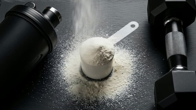 Pouring Protein Powder for Workout: Close-Up on Fitness Supplement and Dumbbell