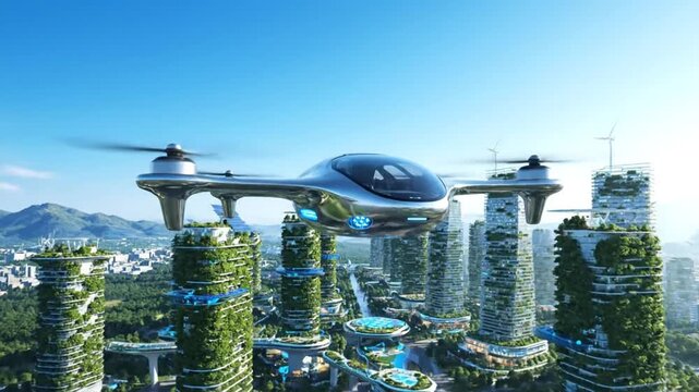 Dynamic Flight: Futuristic eVTOL Vehicle Soars Above a Sustainable Green Eco-City Skyline