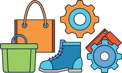 Vibrant collection of modern icons representing shopping, industry, and footwear for diverse commercial projects