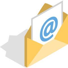 Yellow Envelope with Blue At Symbol Letter In Isometric 3d Style On White Background With Shadow