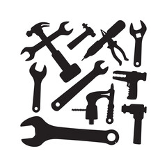 A collection of black and white images with tools and tools silhouette on white background.