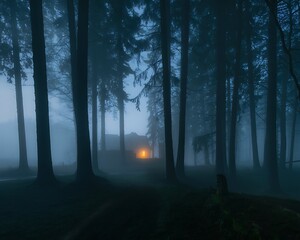 Obraz premium Mysterious glowing light in a foggy forest at dusk