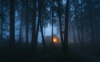 Fototapeta premium Mysterious glowing orb in a dark foggy forest at night