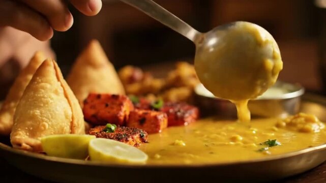 traditional indian thali platter with samosas dal paneer
