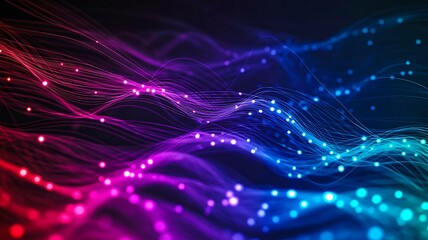 Obraz premium Colorful flowing abstract lines with glowing dots, digital wave background in neon blue pink and purple, futuristic technology motion design 