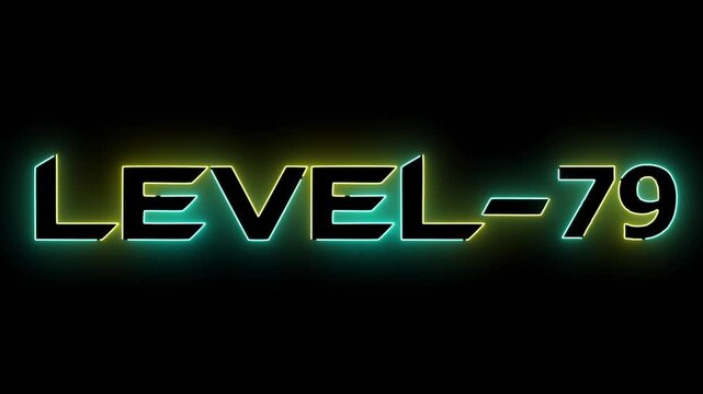 cyan and yellow neon glowing level 79 text font icon animation. Neon level sign. Level text animation on black background.