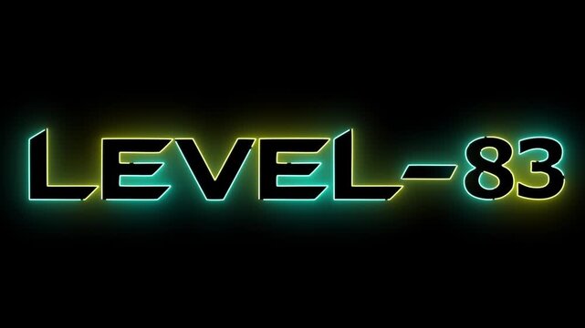 cyan and yellow neon glowing level 83 text font icon animation. Neon level sign. Level text animation on black background.