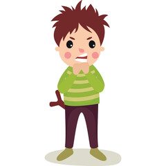 Young Boy With Brown Spiky Hair Green Striped Sweater Purple Pants Showing Angry Expression with clenched fists and teeth gritted isolated on white background