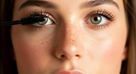 Closeup of a young woman applying mascara to her green eyes with freckles