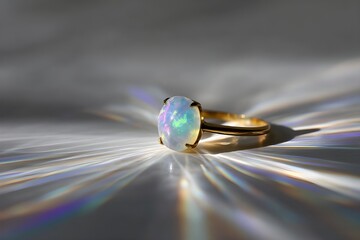 Obraz premium Opal Ring Photographed Through Prism Creating Rainbow Effects Luxury Jewelry Photography Artistic Gemstone Detail Colorful Light