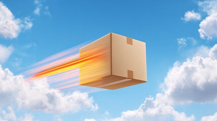 Kraft Cardboard Package Floating at High Speed in Blue Sky with Clouds, Orange-Yellow Light Trails, Dynamic Aerial Atmosphere