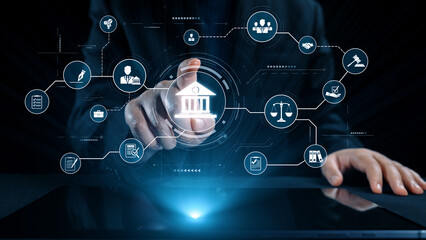 Futuristic digital law interface displaying justice scale, highlighting digital law, AI compliance, digital law systems, and digital law regulations for secure governance. Elide