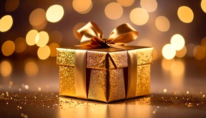 Golden gift box with bokeh lights