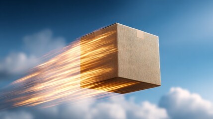 Kraft Cardboard Package Floating at High Speed in Blue Sky with Clouds, Orange-Yellow Light Trails, Dynamic Aerial Atmosphere