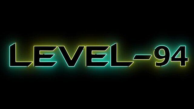 cyan and yellow neon glowing level 94 text font icon animation. Neon level sign. Level text animation on black background.
