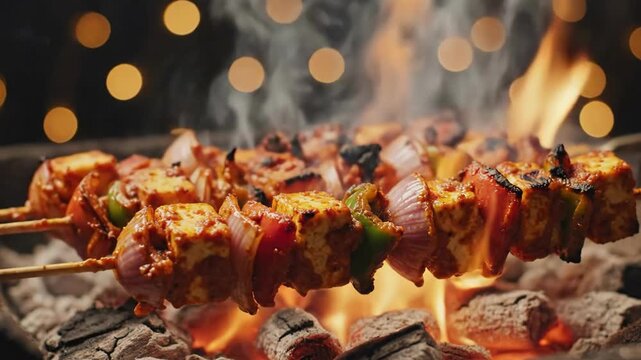 paneer tikka skewers grilling over charcoal fire